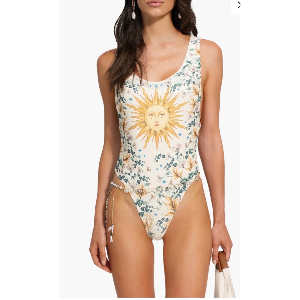 Agua Bendita Yara Solstice One Piece Swimsuit Sun Floral Wood Rings Small